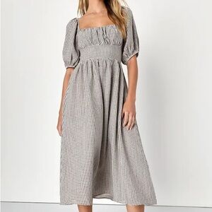 Lulus Remarkable Cuteness Beige and Black Gingham Tie-Back Midi Dress